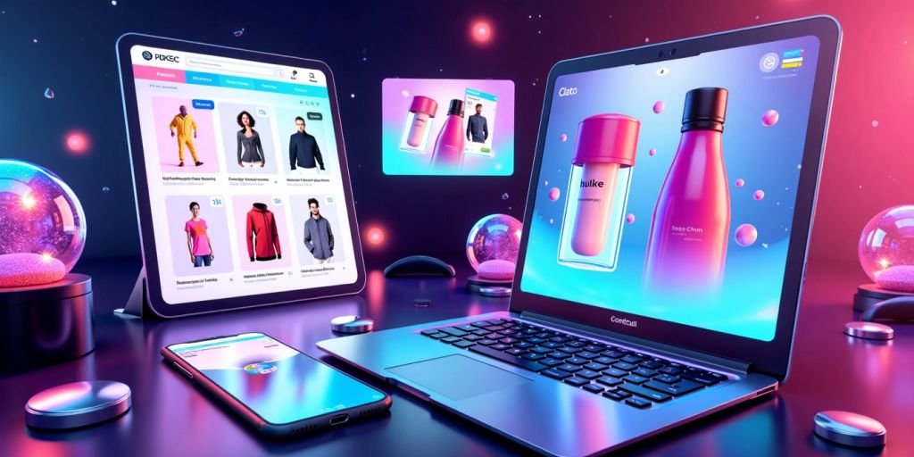 Modern ecommerce interface with vibrant product images.